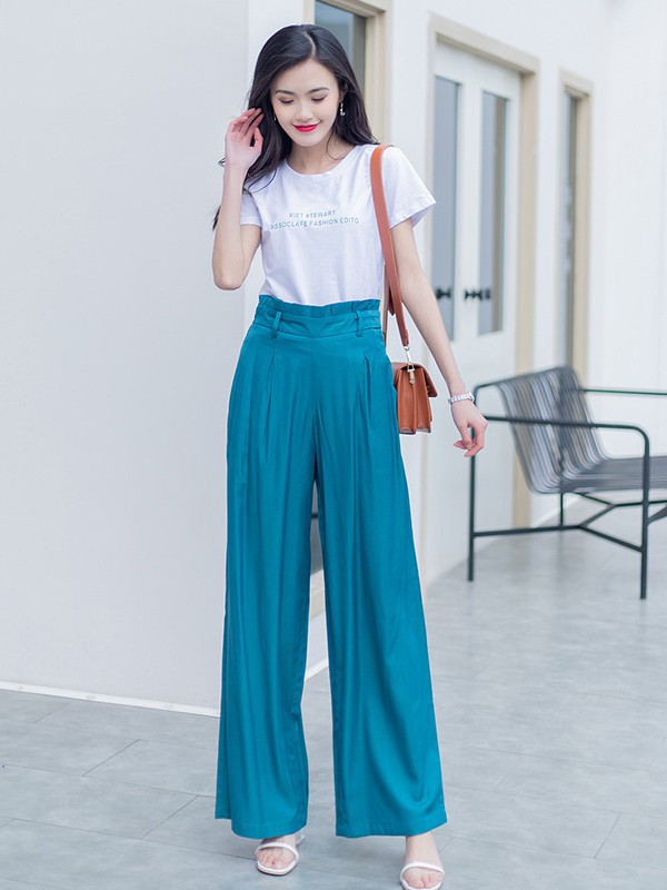 美丽衣橱2021春夏季蓝色纯色阔腿裤