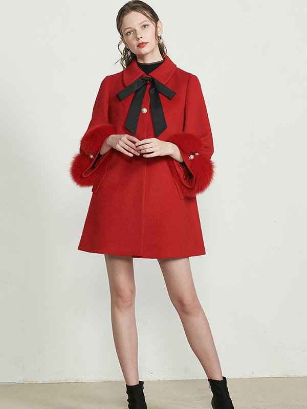 摩卡女装2021秋冬季红色带毛领大衣