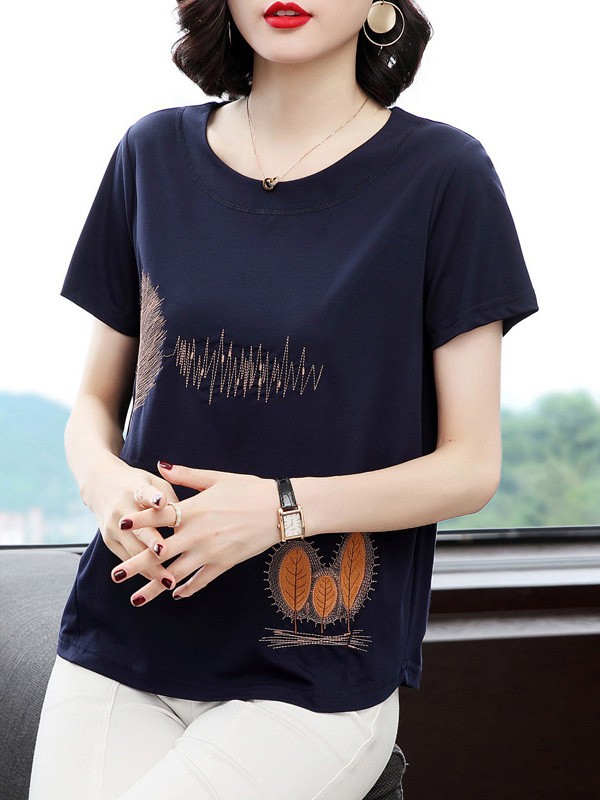 伽依妩女装2022春夏季藏蓝色T恤