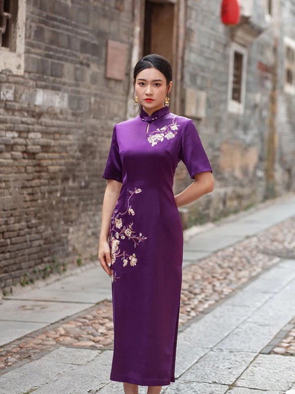 莱素女装2023春夏季紫色旗袍