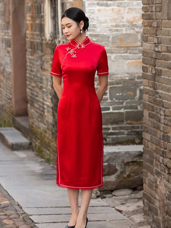 莱素2023春夏季红色旗袍