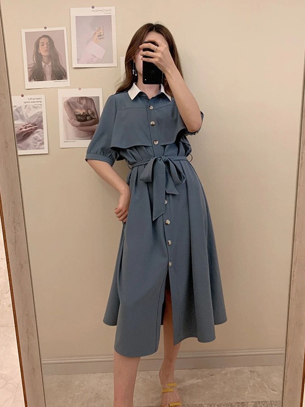 MHE2023春夏季蓝色衬衫裙