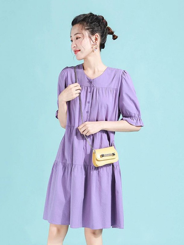 韩依瑞女装2023春夏季紫色连衣裙