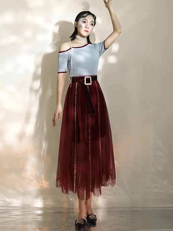 OceanFlame女装2023春夏季酒红色纱裙