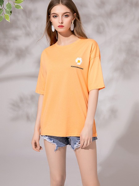 颜上女装2022春夏季橙色T恤