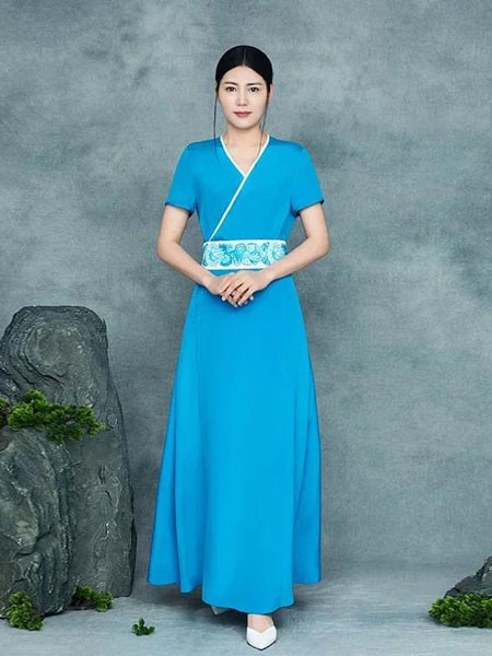 浒城古娘女装2023春夏季蓝色连衣裙