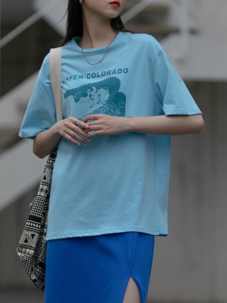 EGGKA女装2023春夏季蓝色T恤