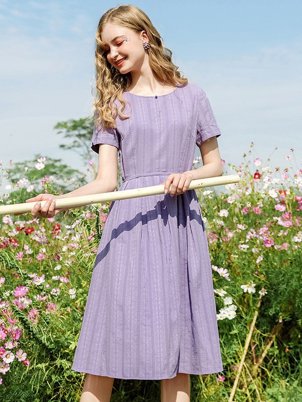 艾蓓怡女装2023春夏季紫色连衣裙