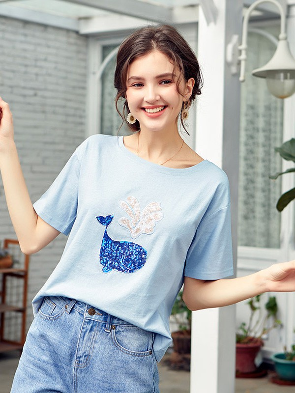 艾蓓怡女装2023春夏季蓝色T恤