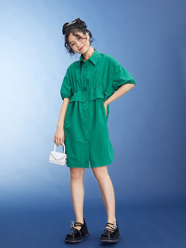 城市衣柜女装2022春夏季绿色宽松衬衫裙