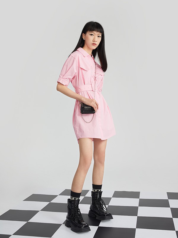 U2022春夏季粉色收腰连衣裙