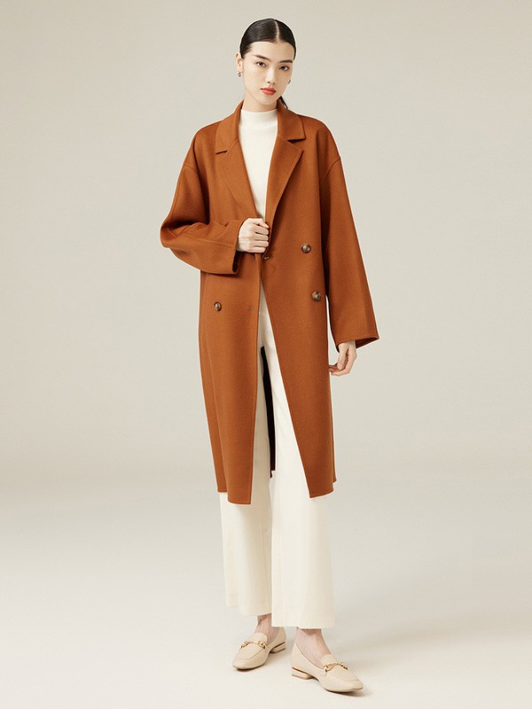 鄂尔多斯女装2021秋冬季橙色纯色大衣