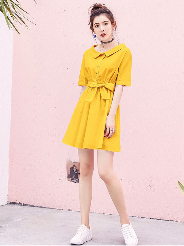 衣之纯女装2022春夏季黄色纯色衬衫裙