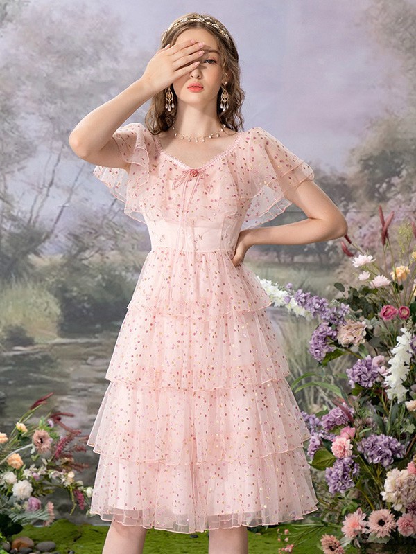 花儿开了女装2022春夏季粉色波点连衣裙