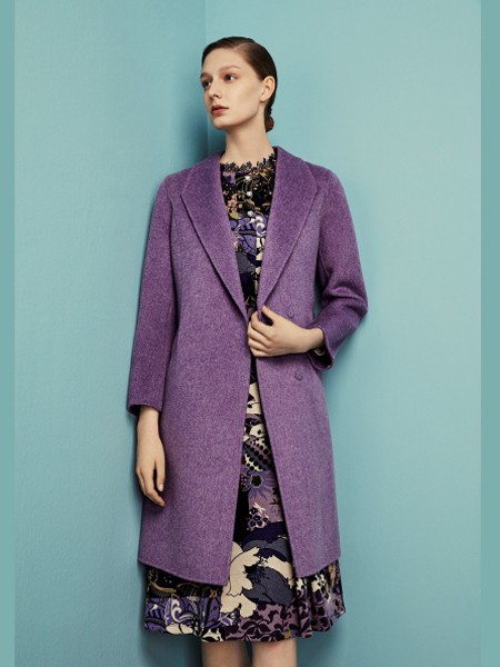 奥菲曼女装2021秋冬季紫色纯色大衣