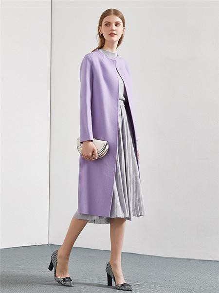 奥菲曼女装2021秋冬季紫色纯色大衣