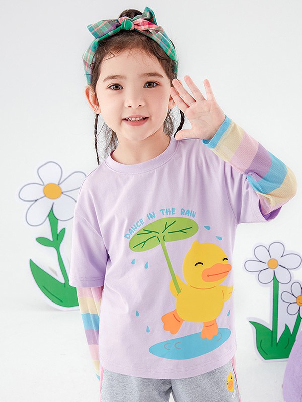 小黄鸭2022春夏季紫色印花T恤