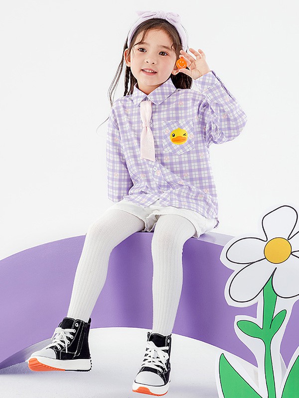小黄鸭童装2022春夏季紫色格子衬衫