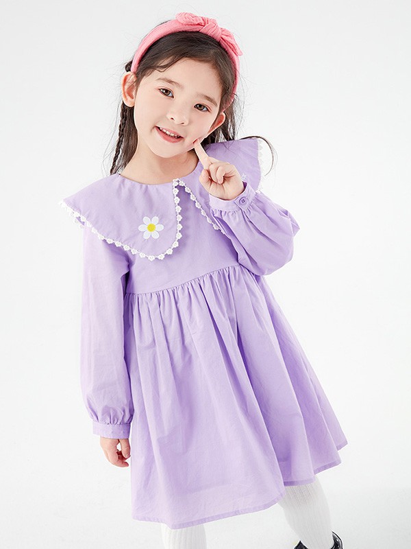 小黄鸭童装2022春夏季紫色娃娃领连衣裙