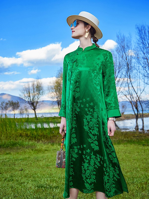 卡米兰女装2022春夏季绿色印花连衣裙