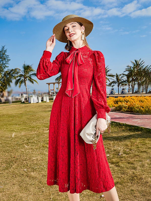卡米兰女装2022春夏季红色泡泡袖连衣裙