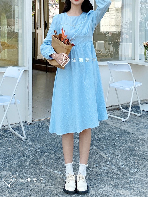 37度生活美学女装2022春夏季蓝色纯色连衣裙