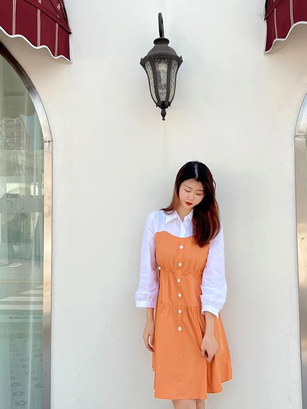 街调2022春夏季橙色纯色吊带裙