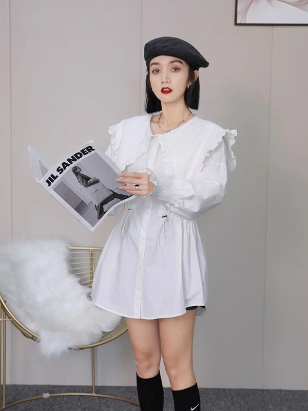 迷境女装2022春夏季白色娃娃领衬衫裙