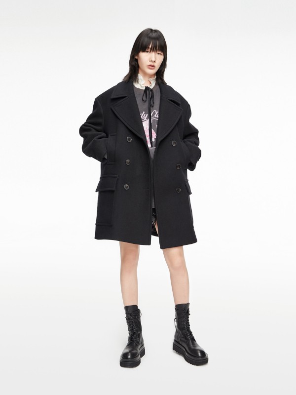 摩安珂 女装2021秋冬季黑色纯色大衣