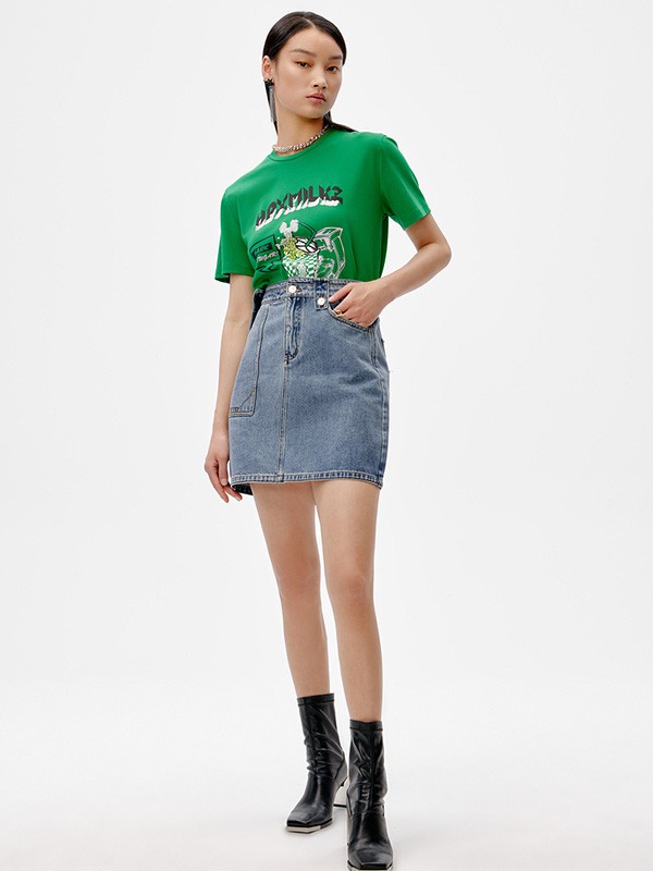 荷比俪女装2022春夏季绿色印花T恤