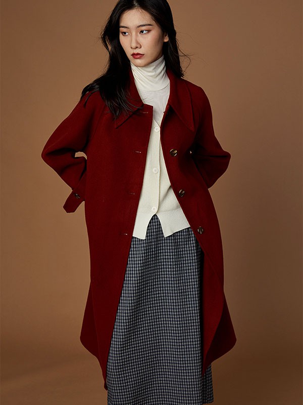 H+3女装2021秋冬季酒红色纯色大衣