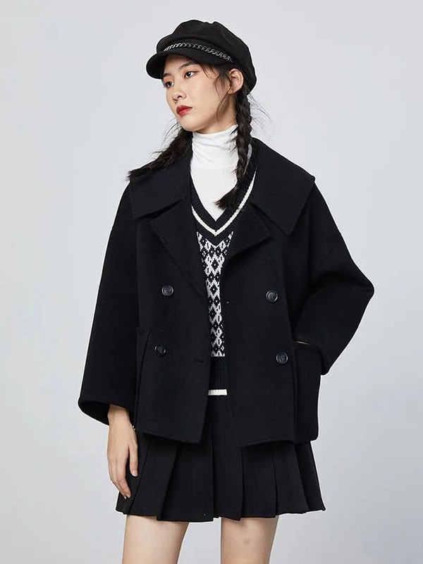 H+3女装2021秋冬季黑色纯色大衣