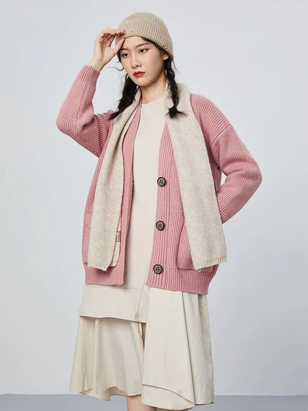 H+3女装2021秋冬季粉色纯色大衣
