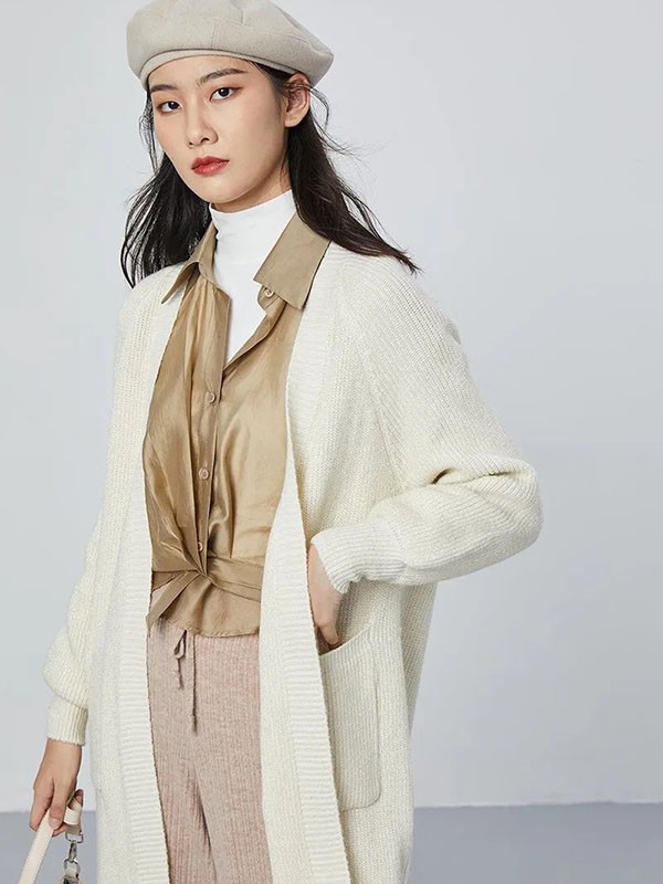 H+3女装2021秋冬季米色纯色大衣