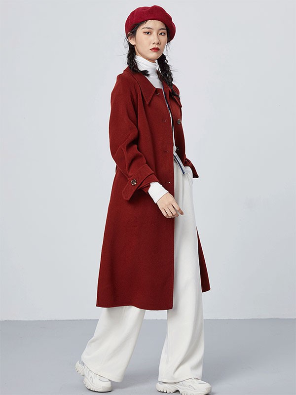 H+3女装2021秋冬季酒红色纯色大衣