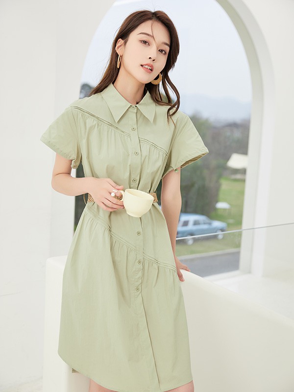艾蜜唯娅女装2022春夏季绿色纯色衬衫裙