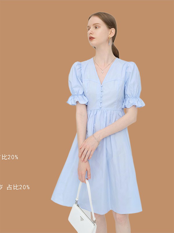 玛萨女装2022春夏季蓝色泡泡袖连衣裙