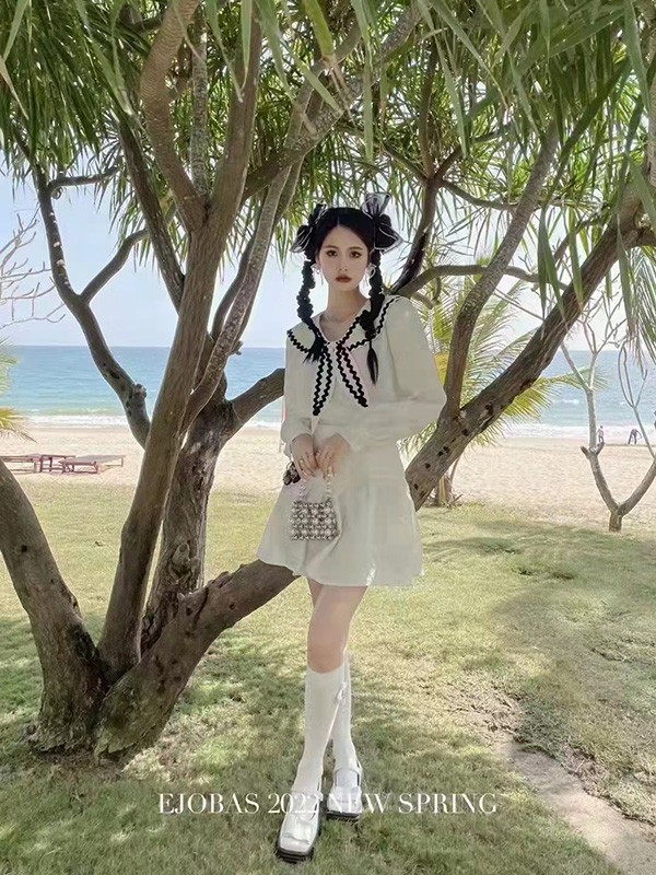 玛萨女装2022春夏季白色蝴蝶结连衣裙