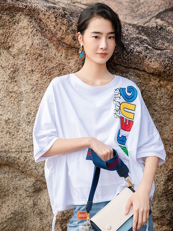 藏九女装2022春夏季白色印花T恤