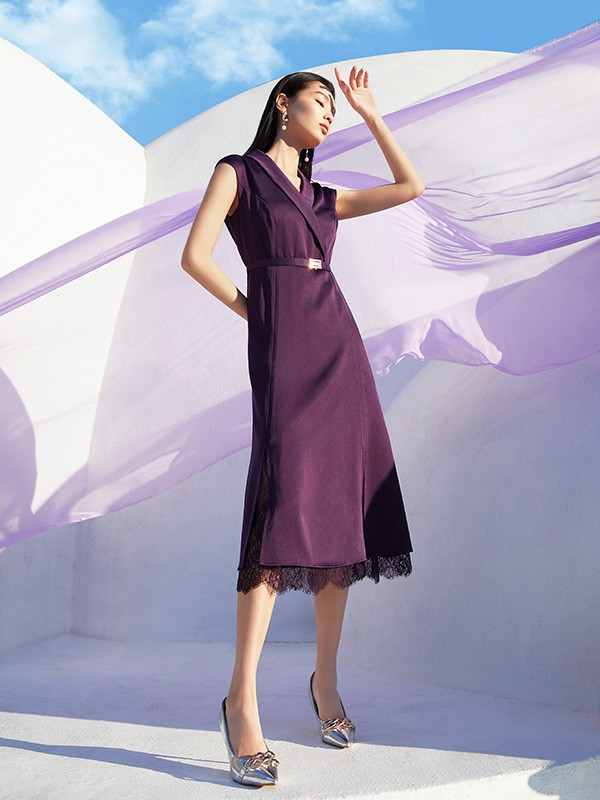 JIAFENSTYLISH女装2022春夏季紫色蕾丝连衣裙