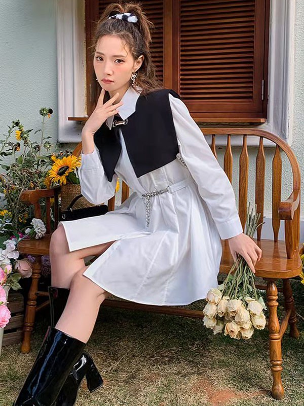 诗图思女装2022春夏季白色纯色衬衫裙