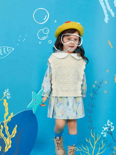 摩米童装2022春夏季蓝色娃娃领连衣裙