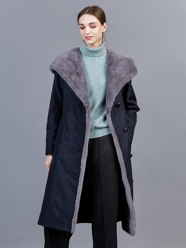 舒朗2021秋冬季藏蓝色带毛领外套