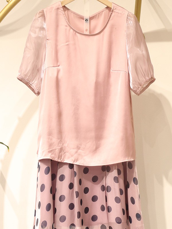 枫雅嫚女装2022春夏季粉色泡泡袖T恤