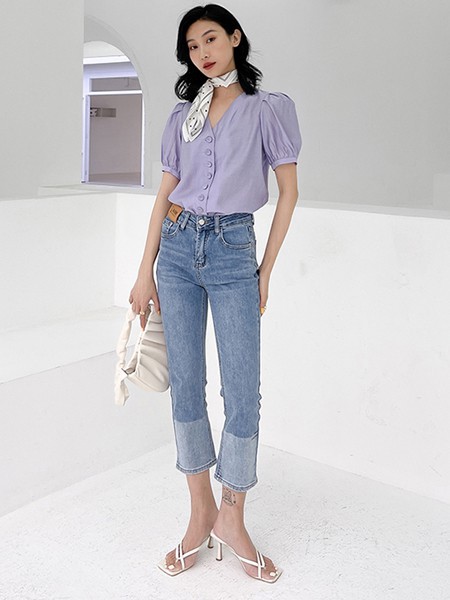 速品女装2022春夏季紫色泡泡袖衬衫