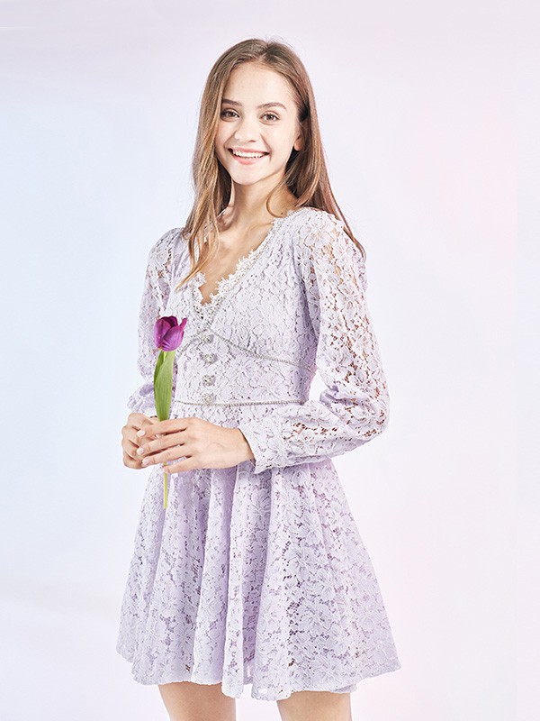 汤米诺2022春夏季紫色连衣裙