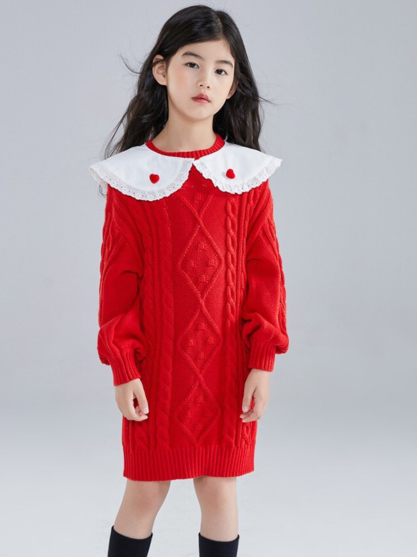 米喜迪童装2021秋冬季红色毛衣裙