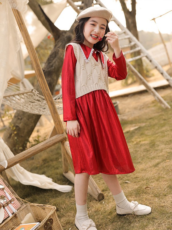 洛巴兔童装2022春夏季红色衬衫裙