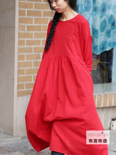 布言布语女装2022春夏季红色连衣裙