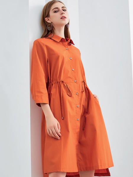 欧米媞女装2021秋冬季橙色衬衫裙